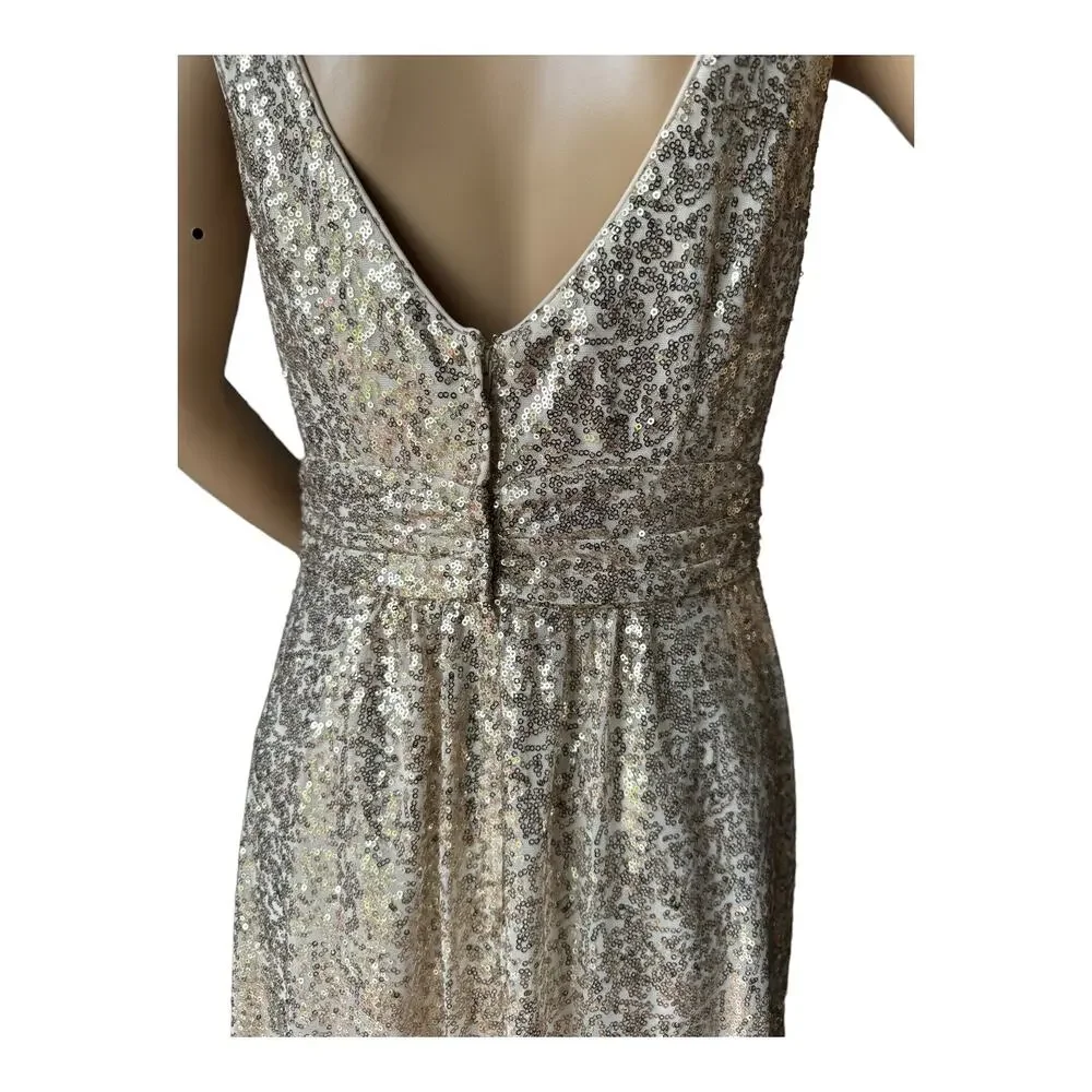 David's Bridal sequin v-neck bridesmaid dress with satin piping gold size 8